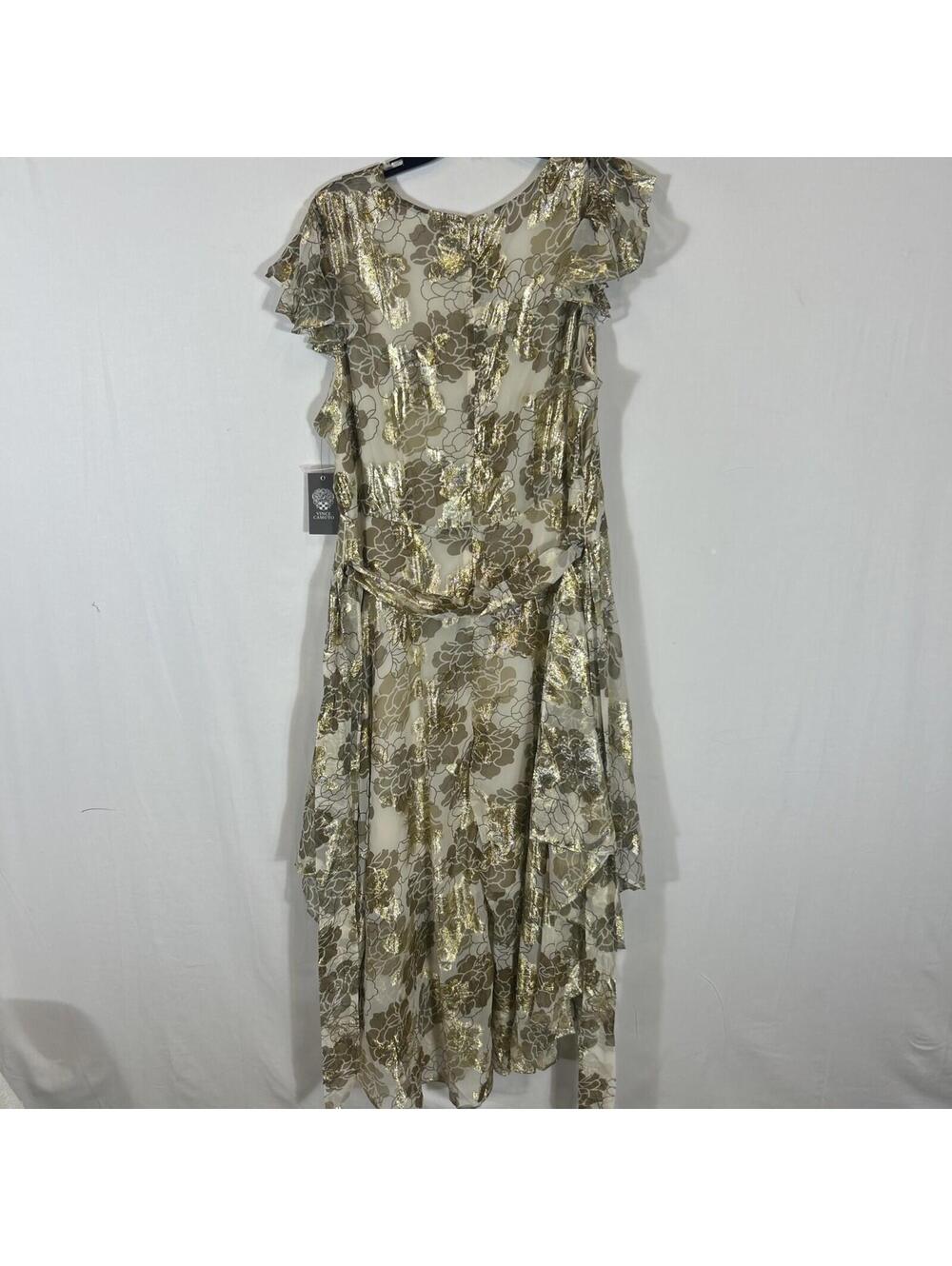 $128 Vince Camuto MetallicPrint Flutter Sleeve Midi Dress Black Gold Size XXL - Picture 2 of 5